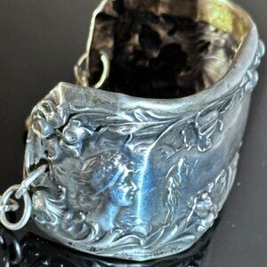 Antique Sterling Silver Cuff Bracelet Floral Art Nouveau Lady Face Victorian 925